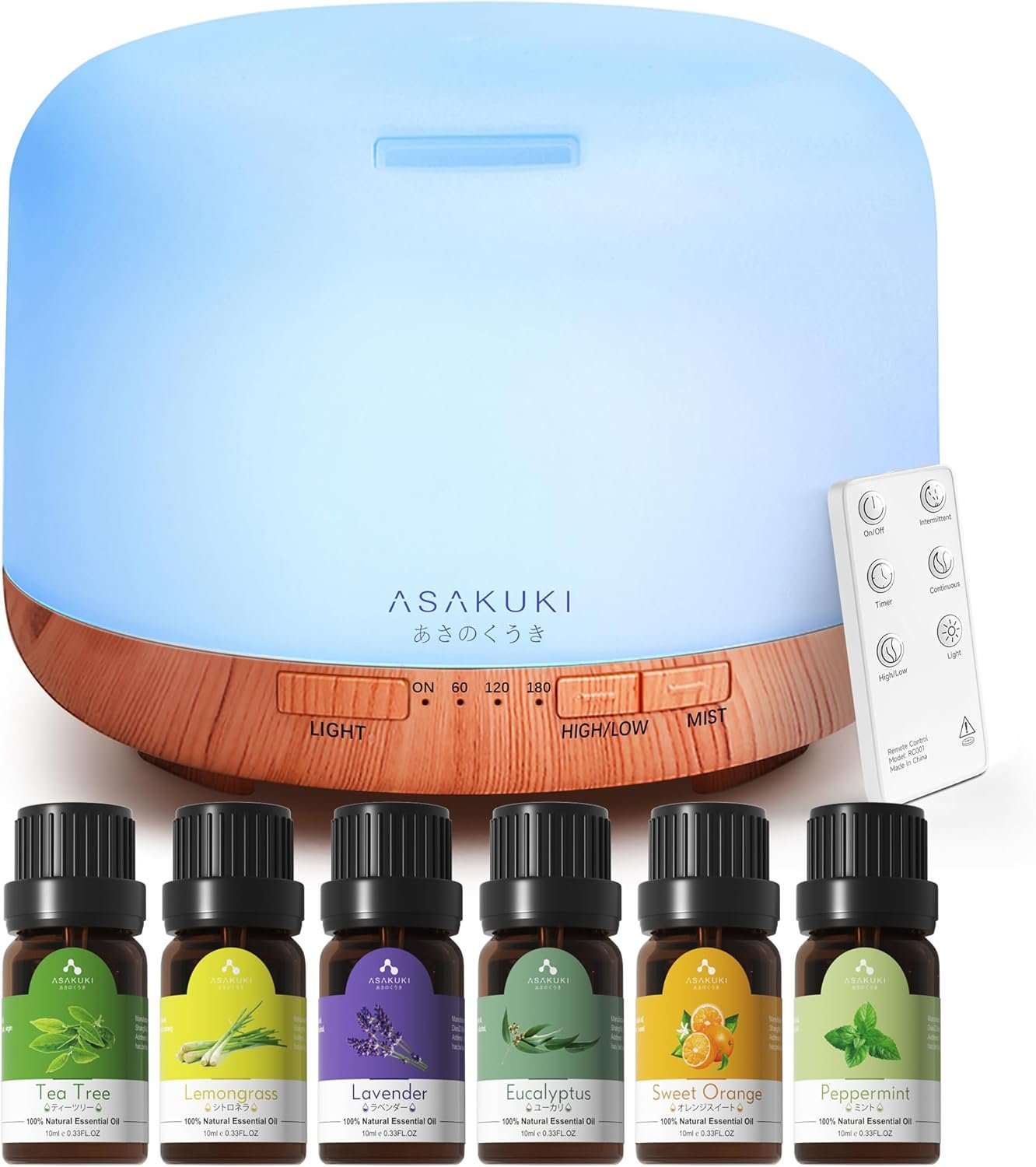 ASAKUKI Oil Diffuser with Essential Oils Set, 500ml Aromatherapy Humidifier with 14 LED Colors & Auto Shut-Off - 6 Oil Gift Pack
