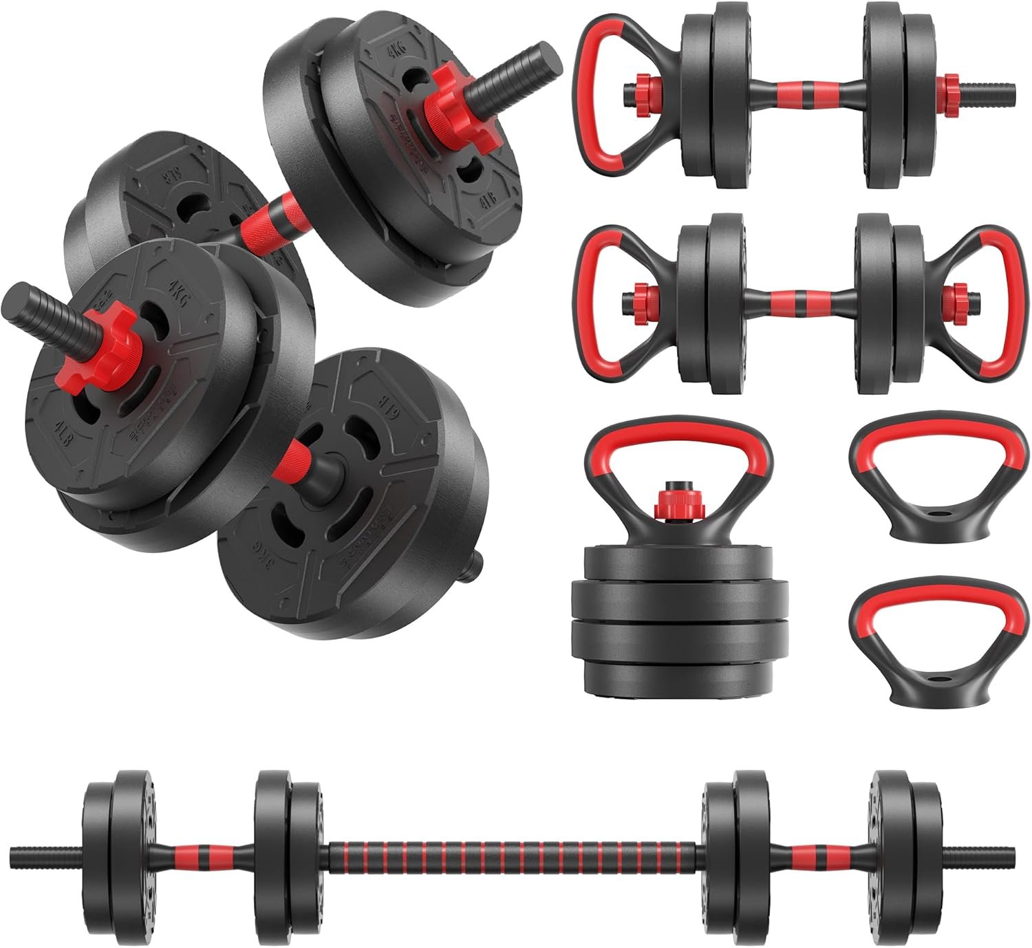 Fitvids Multi-Functional Portable Changeable Dumbbell and Barbell Kettlebell Set with Adjustable Weights, 40LBS or 60LBS Sets, 2-in-1 or 4-in1, Multiple Sizes