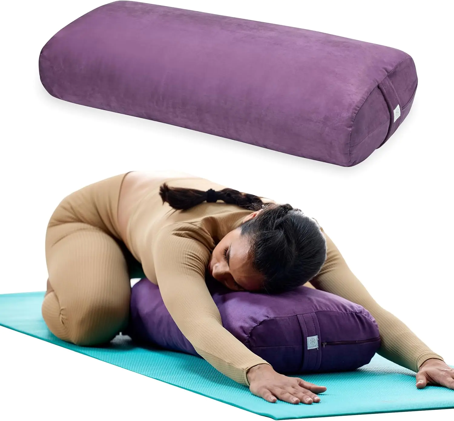 Gaiam Round Yoga Bolster Pillow, Soft Meditation Cushion for Yoga, Massage and Back Support, Breathable Cotton Fill, Zippered Microfiber Cover, Easy-Carry Handle, Machine Washable