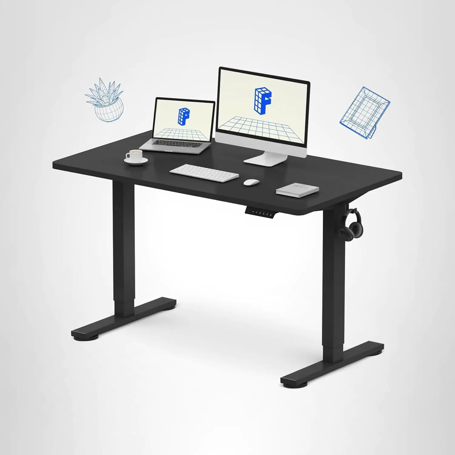 FLEXISPOT EN1 Whole-Piece Standing Desk 48 x 24 Inches Electric Height Adjustable Desk for Home Office (Black Frame + Black Table Top)