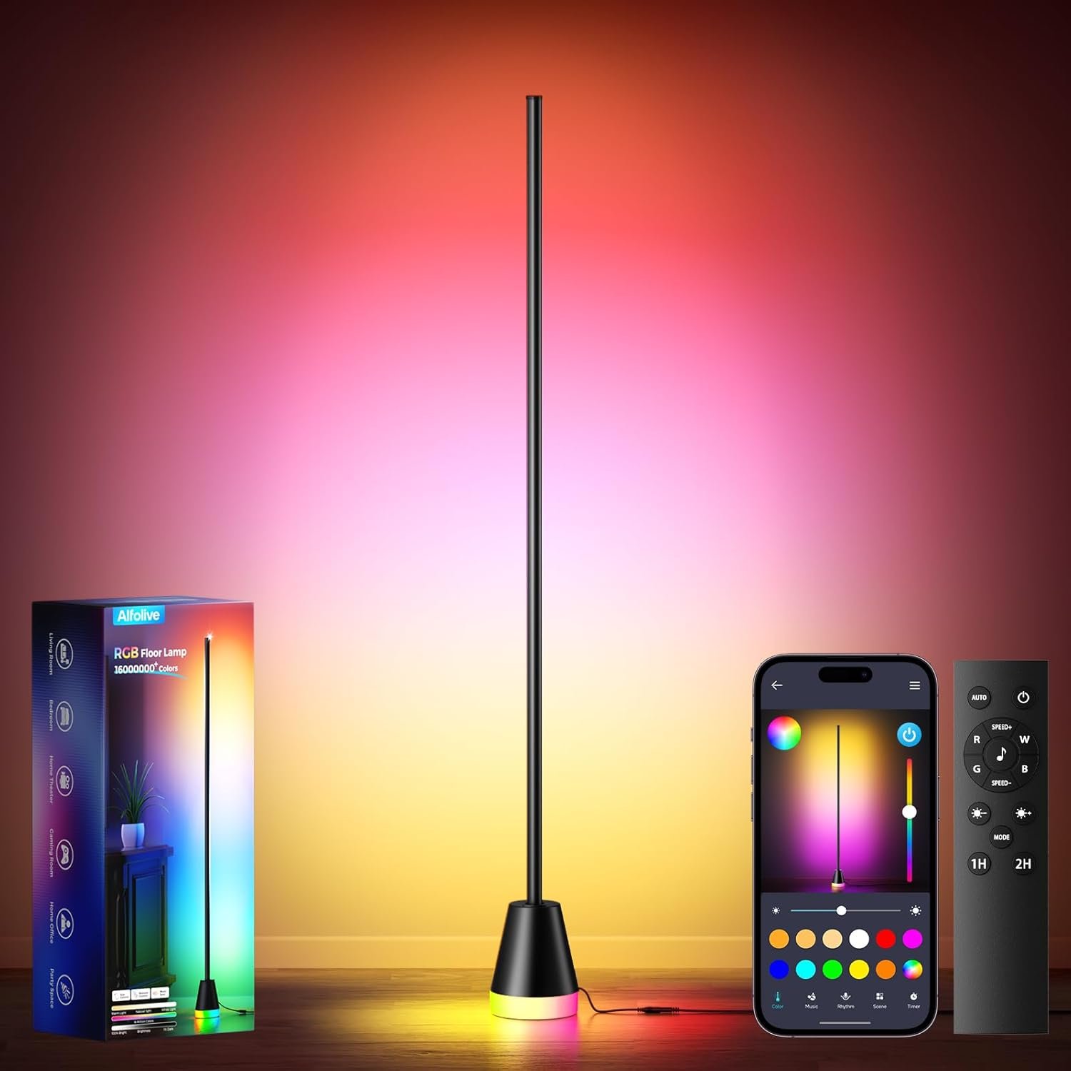 Alfolive RGB Floor Lamp, Smart LED Corner Lamp for Living Room Bedroom, 16 Million DIY Colors Standing Lamp with Music Sync App & Remote Control