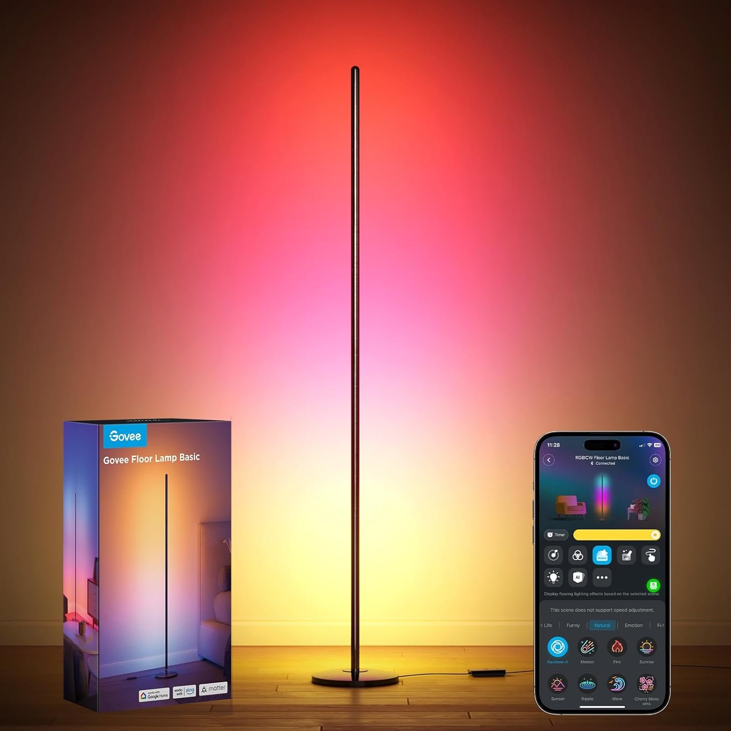 Govee RGBIC Floor Lamp Basic, LED Corner Lamp Works with Alexa, 1000 Lumen Smart Modern Floor Lamp with Music Sync and 16 Million DIY Colors, Color Changing Standing Lamp for Bedroom Living Room Black