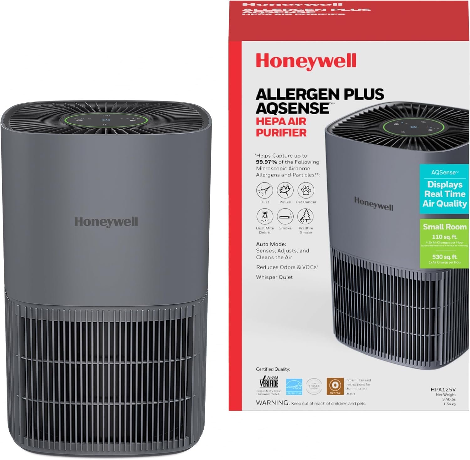Honeywell AllergenPlus HEPA Air Purifier for Home, 530 Ft² Rooms in 1 hour, 3-in-1 Filter, Compact Design