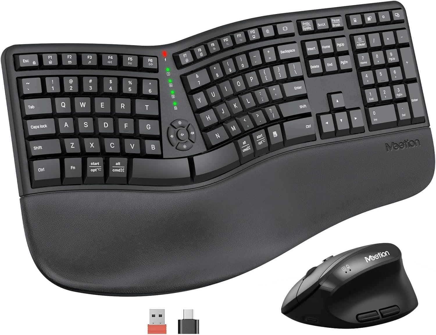 MEETION Ergonomic Keyboard and Mouse, Wireless Keyboard with Vertical Mouse, Split Curved Keyboard with Wrist Rest, Natural Typing USB Receiver Rechargeable Full Size, Windows/Mac/PC/Laptop, Large