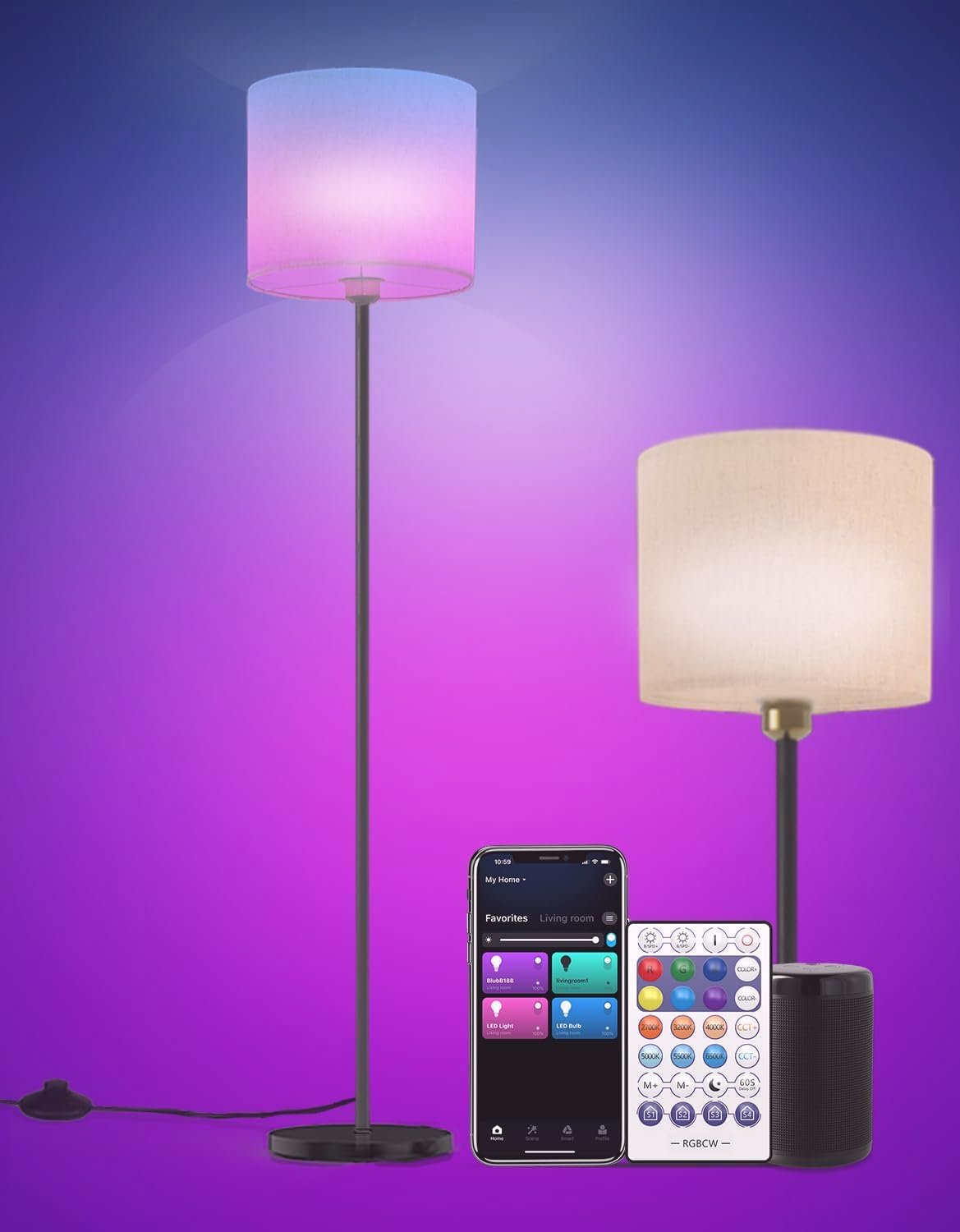 YHW Floor lamp for Living Room Works with Alexa & Google, White Linen Lamp Shade LED Bright Tall Standing Smart Floor Lamp with Remote for Bedroom Office, Modern Color Changing Dimmable WiFi Light.